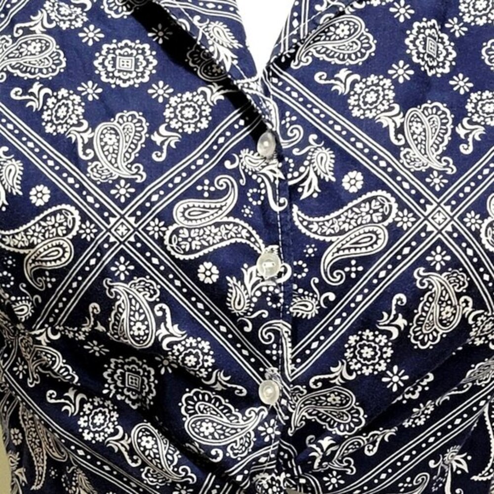 Vintage Bandana Cropped Tie-Front Blouse Short Sleeve L Blue - Picture 3 of 9